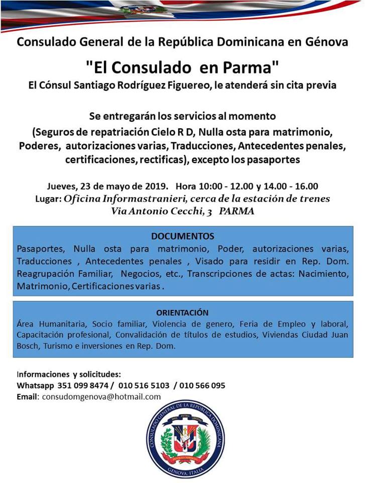Parma.- Consulado general de República Dominicana ofrece servicios consulares en la ciudad&nbsp;Parma.