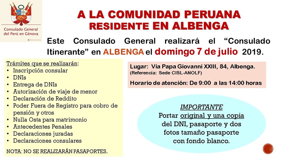 Albenga.- Domingo 7 Julio se realizará Consulado&nbsp;Itinerante