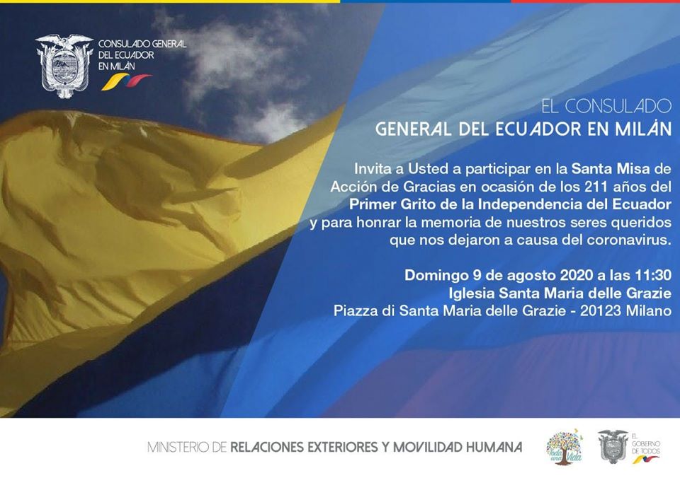 Consulado General del Ecuador en Milán.- Conmemora los 211 años del Primer Grito de América con una misa y un evento&nbsp;virtual