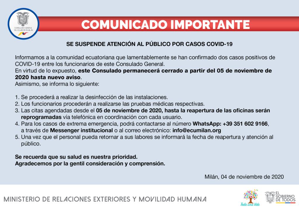 Consulado del Ecuador en Milán, suspende atención al público por casos&nbsp;Covid-19