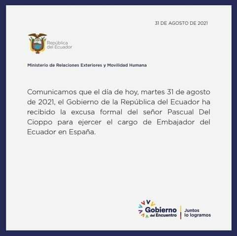 Ecuador.- Pascual del Cioppo, renuncia al cargo de&nbsp;Embajador.