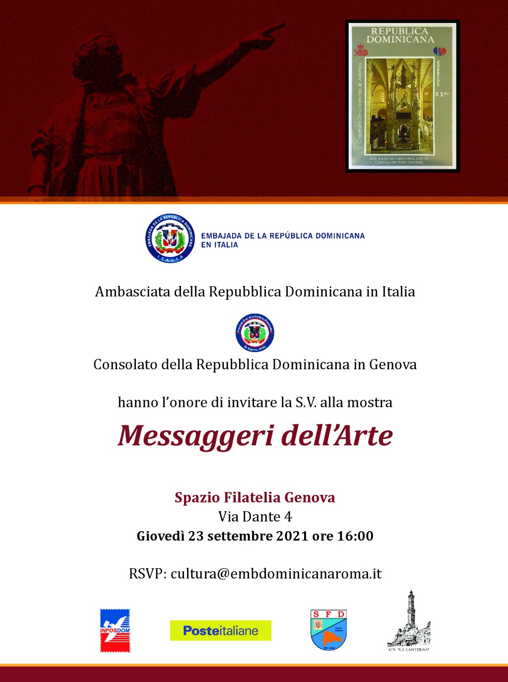 Génova.- La Embajada y el Consulado Dominicano invitan: A la exposición  “Mensajeros del Arte” Desde el 23 de septiembre al 12 de&nbsp;octubre.