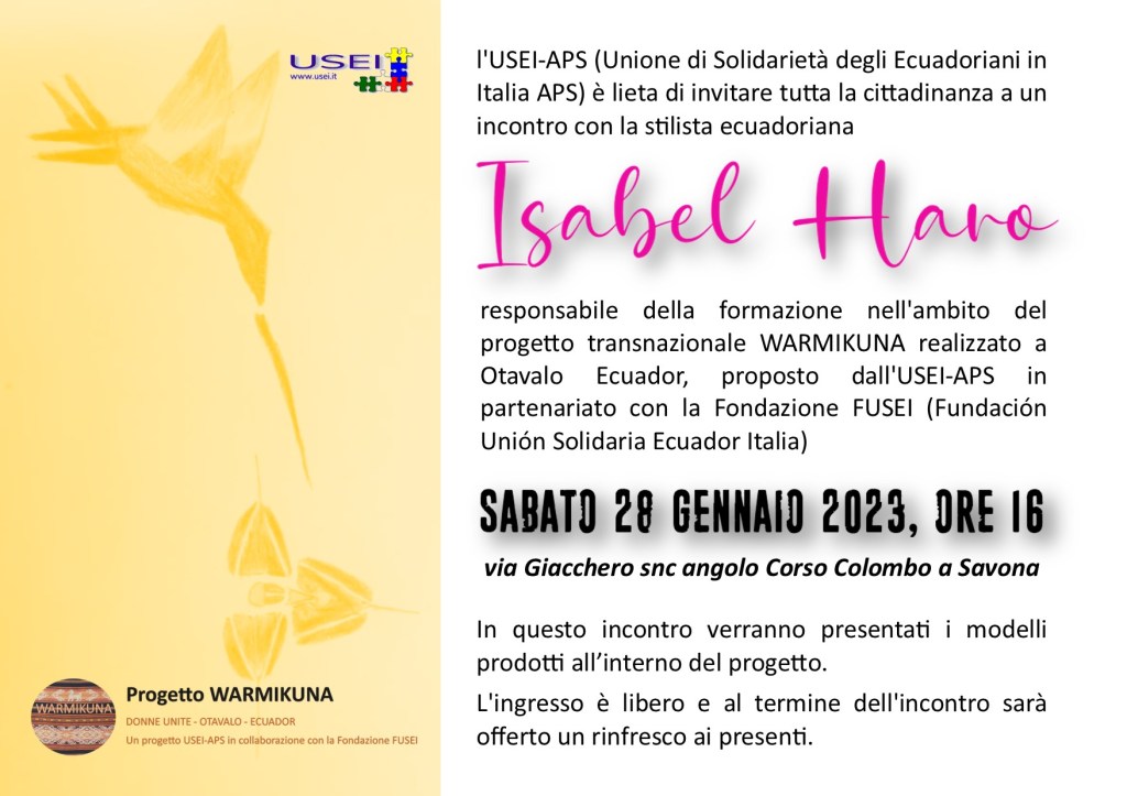 Savona.- 𝗟’𝗨𝗦𝗘𝗜 𝗶𝗻𝗰𝗼𝗻𝘁𝗿𝗮 𝗜𝘀𝗮𝗯𝗲𝗹 𝗛𝗮𝗿𝗼, 𝗣𝗿𝗼𝗴𝗲𝘁𝘁𝗼&nbsp;𝗪𝗔𝗥𝗠𝗜𝗞𝗨𝗡𝗔