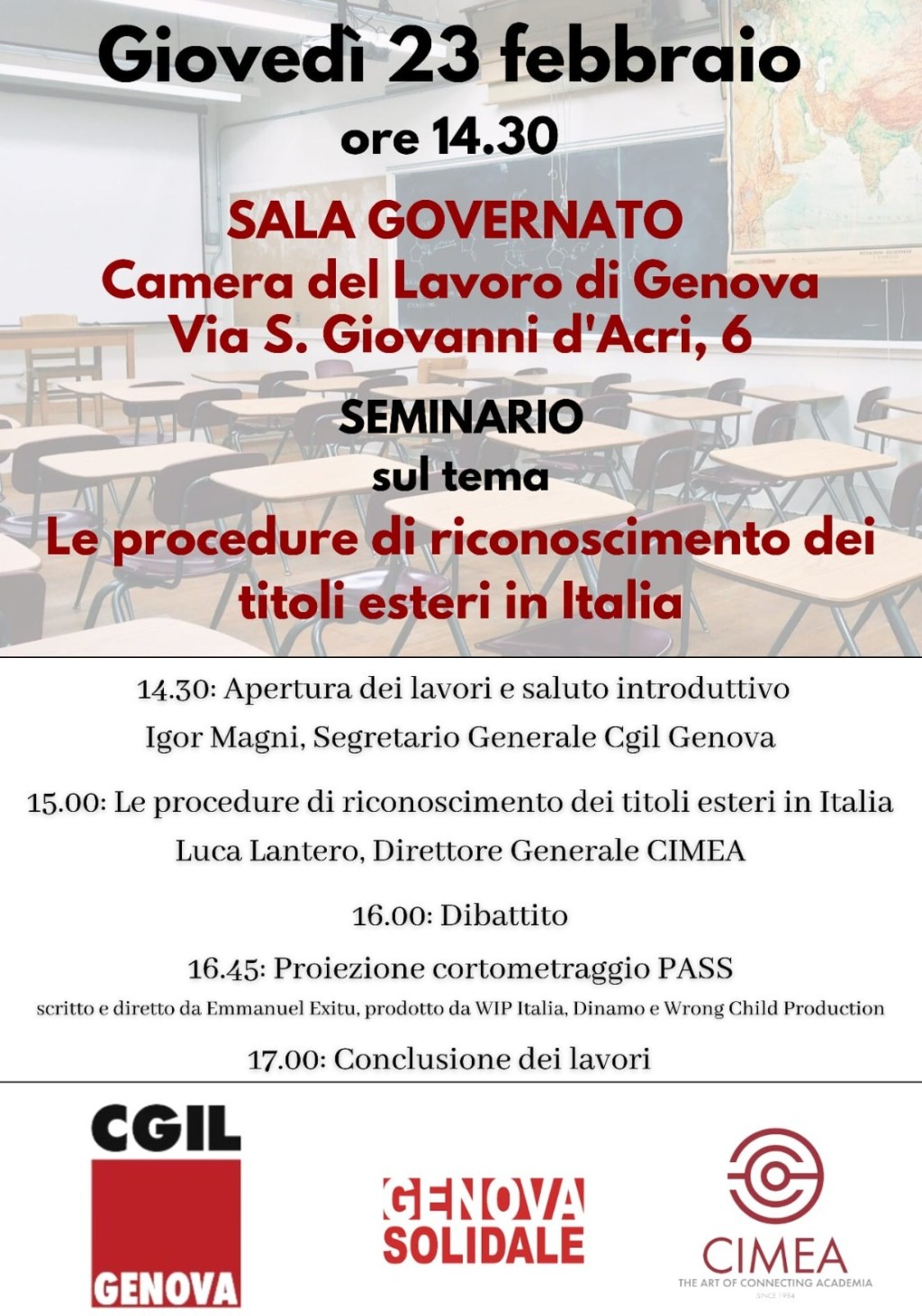 Giovedì 23 febbraio Seminario ‘Le procedura di riconoscimiento dei titolo esteri in&nbsp;Italia’.